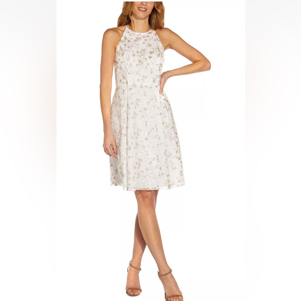 NWT Adrianna Papell  | Metallic  Floral Embroidered Fit & Flare Dress | 8